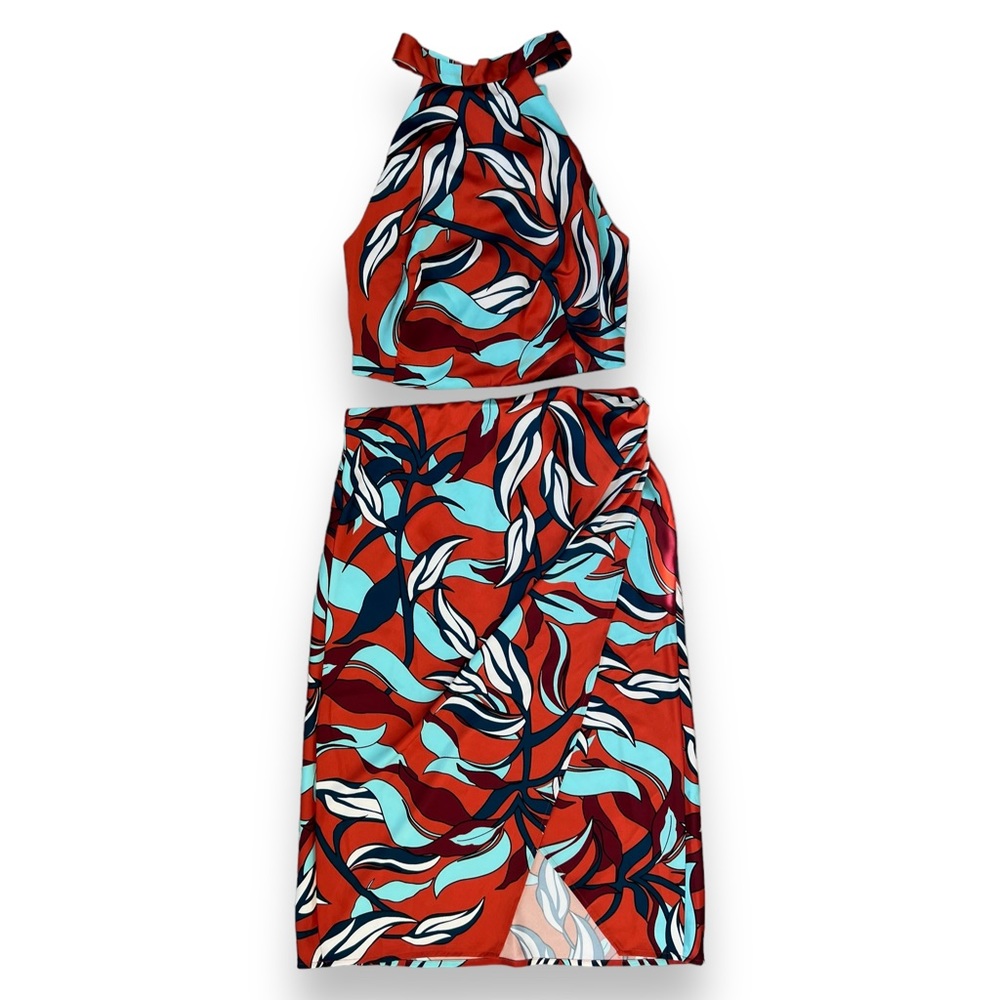 Sigrid Olsen Two Piece Set Halter Top and Skirt Orange Tropical Print